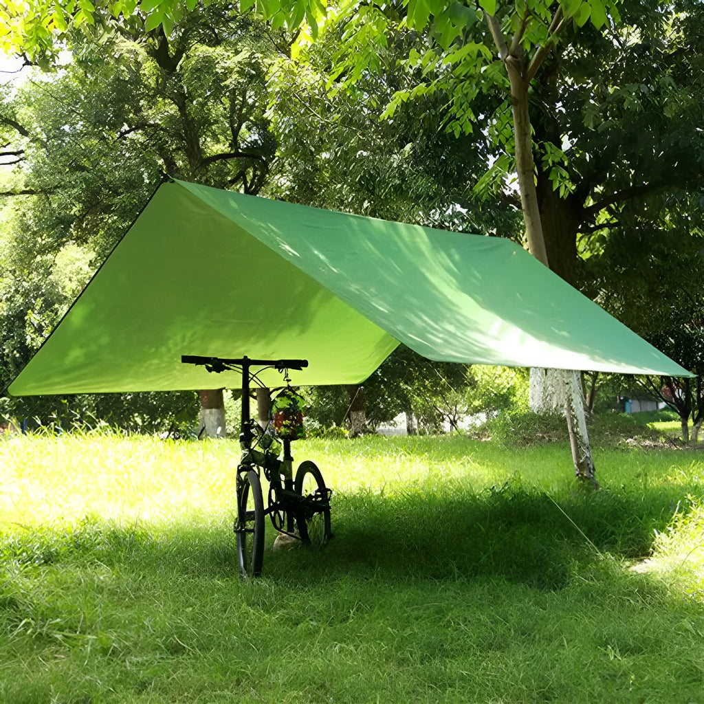 300x300cm awning sun shelter made of waterproof Oxford fabric in army green, set up outdoors with wind ropes