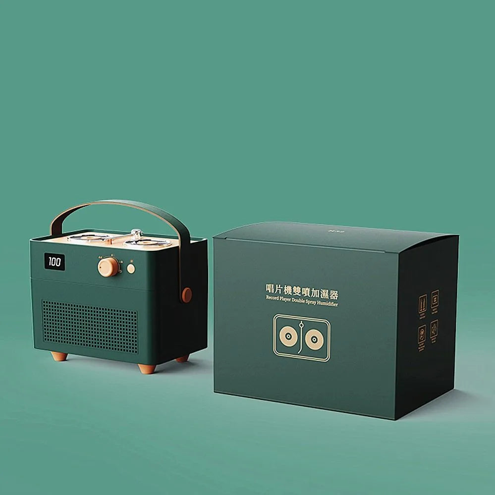 Portable phono humidifier in ABS, PP, silicone and leather, 190.6x130.9x151.5mm, with warm light, dark green colour