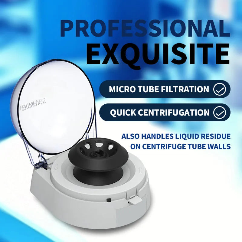 Mini laboratory centrifuge unit with compact 157x170x120mm dimensions and 7000 rpm maximum speed