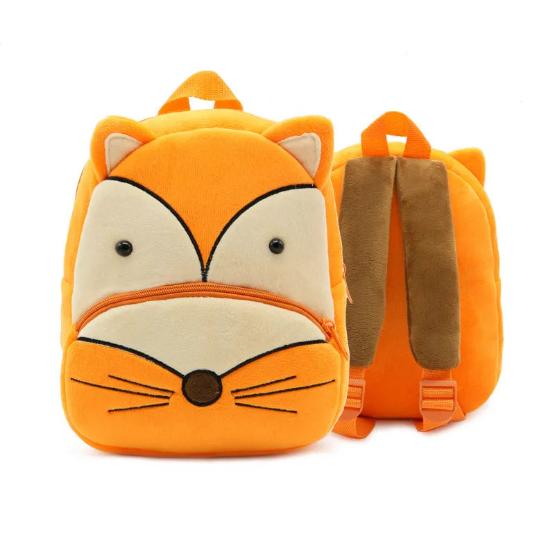Cute plush animal backpack for children in elephant design, showing front zipper and straps.