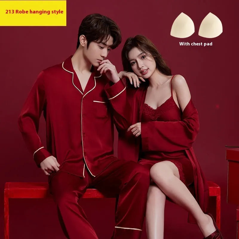 Red polyester lounge suit set for men and women with long sleeves and trousers