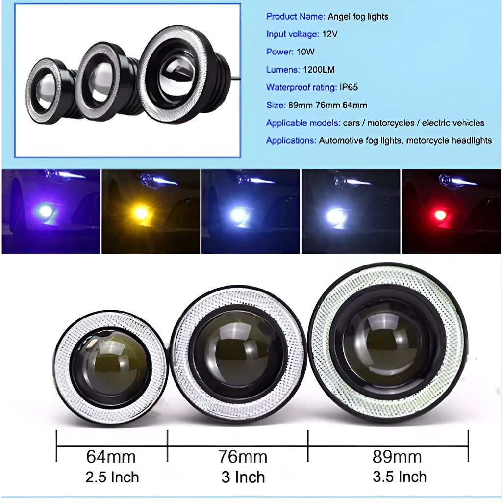 Universal 3 inch LED fog lamp with cob angel eye ring in white colour for car modification