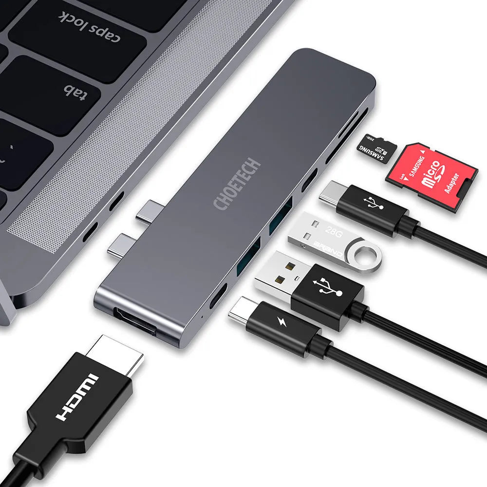 Aluminium USB-C multiport adapter with SD card reader showing seven connectivity ports