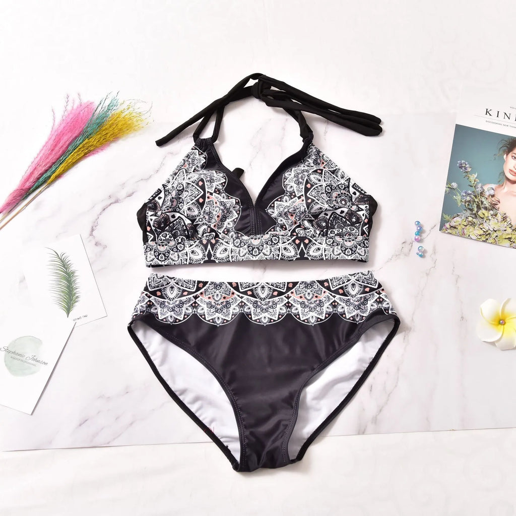 Printed split bikini in black, nylon fabric with high elasticity, quick-drying and tight fit with removable pads, sizes XL-5XL