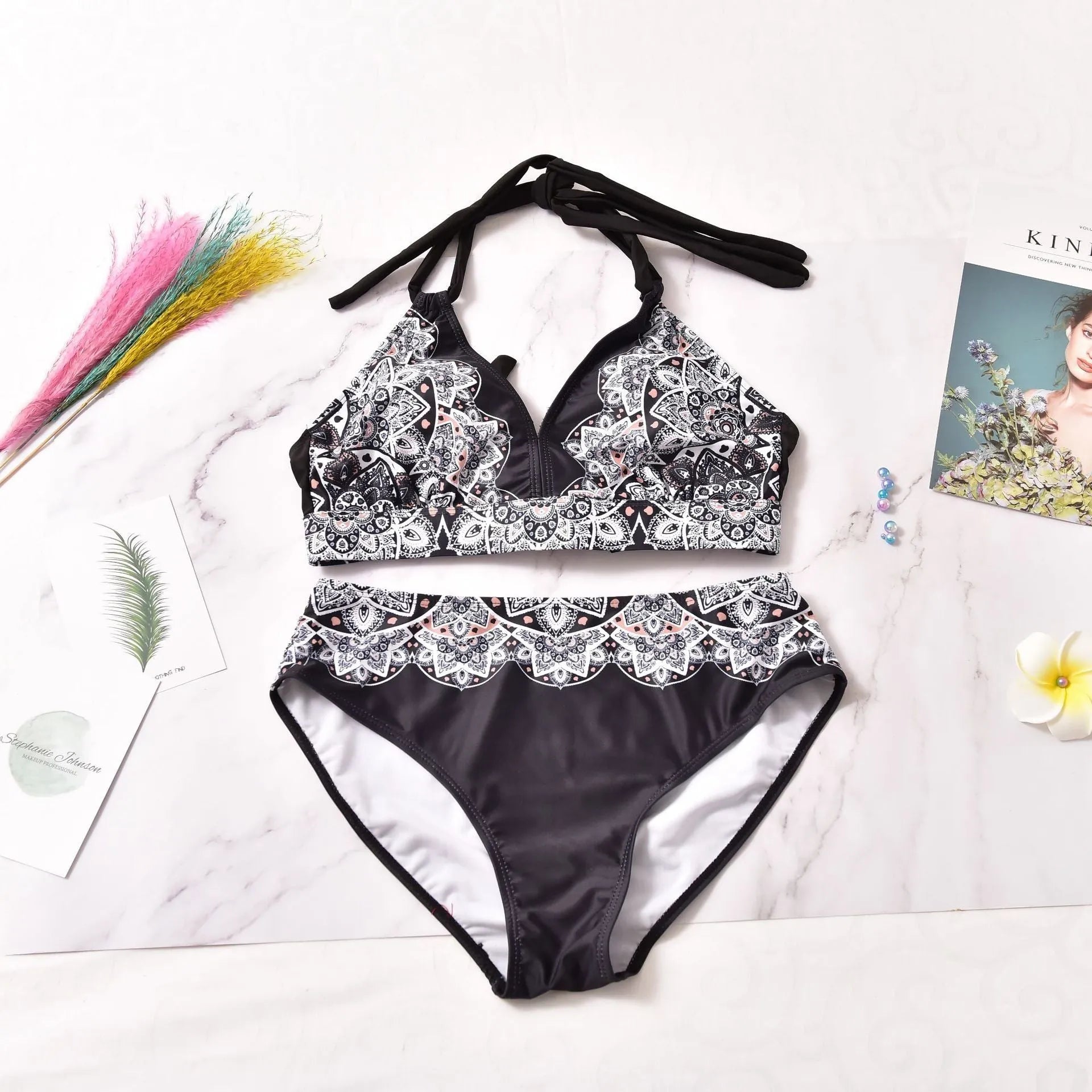 Printed split bikini in black, nylon fabric with high elasticity, quick-drying and tight fit with removable pads, sizes XL-5XL
