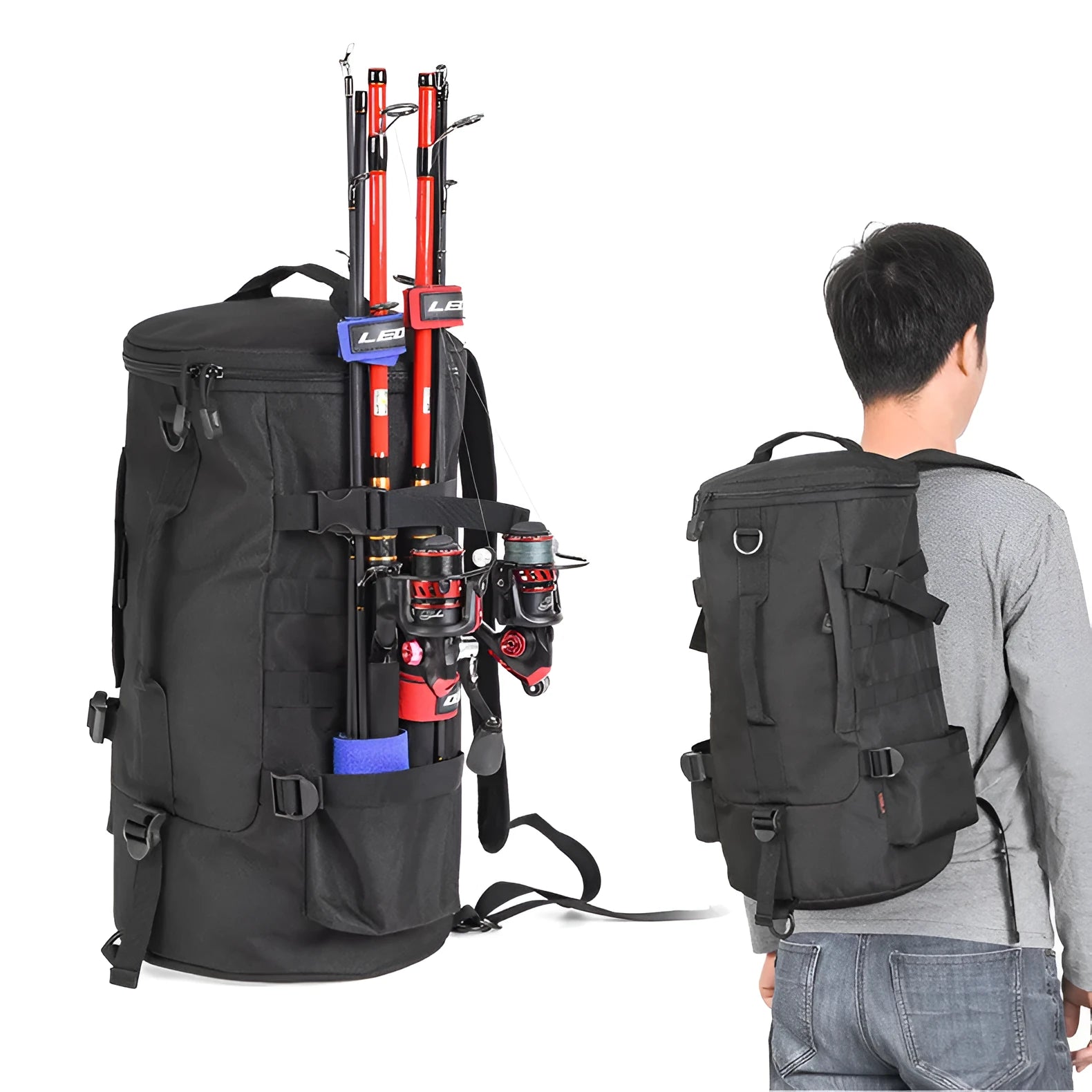 Black cylinder fishing tackle backpack 23L polyester with dual shoulder straps