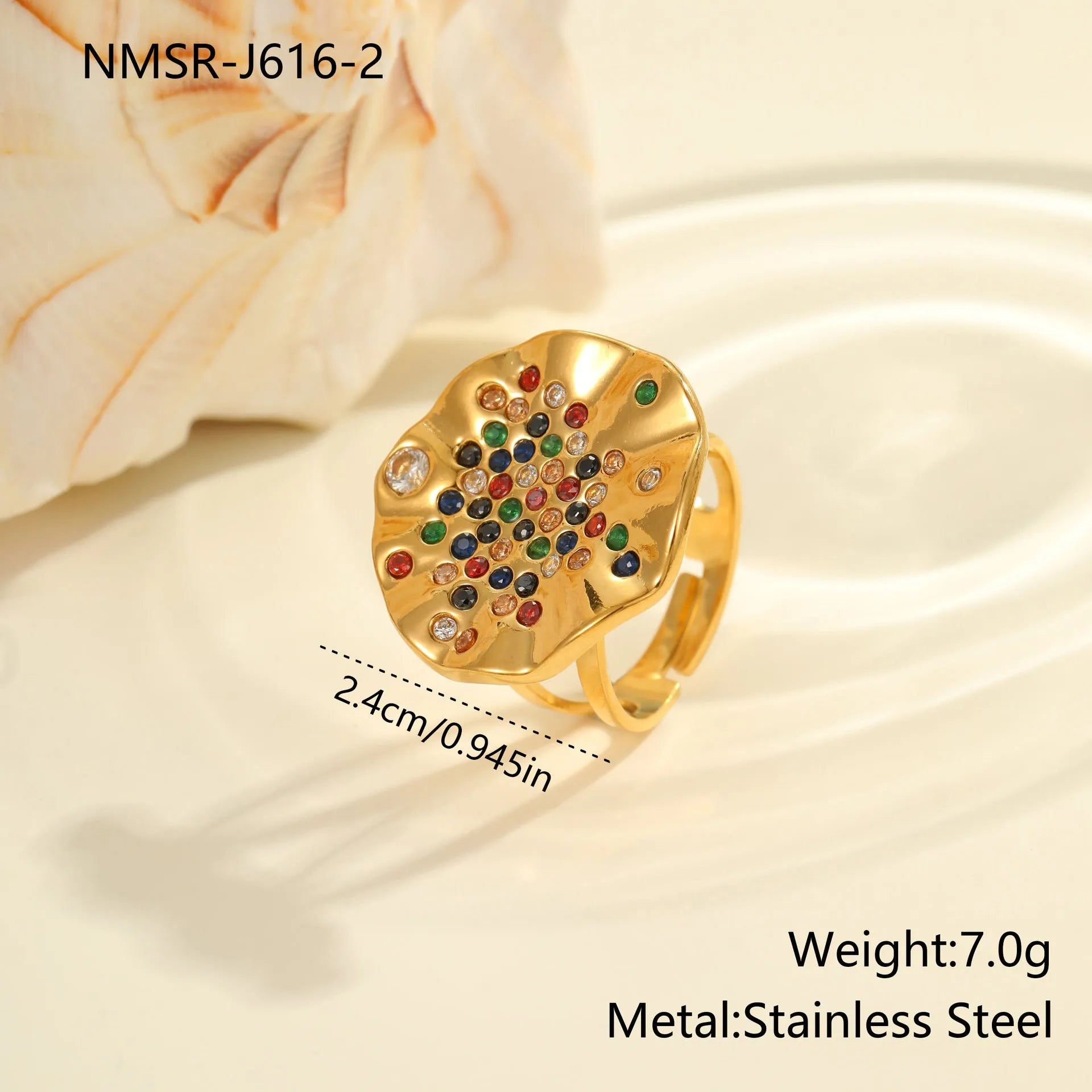 Geometric titanium steel ring with colourful crystal inlays and open mouth design