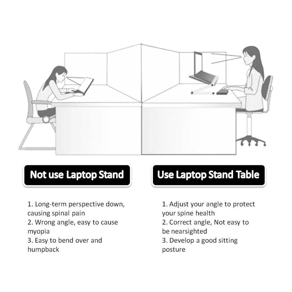 Foldable aluminium alloy laptop stand in black with 360-degree adjustable angle and height settings on a desk
