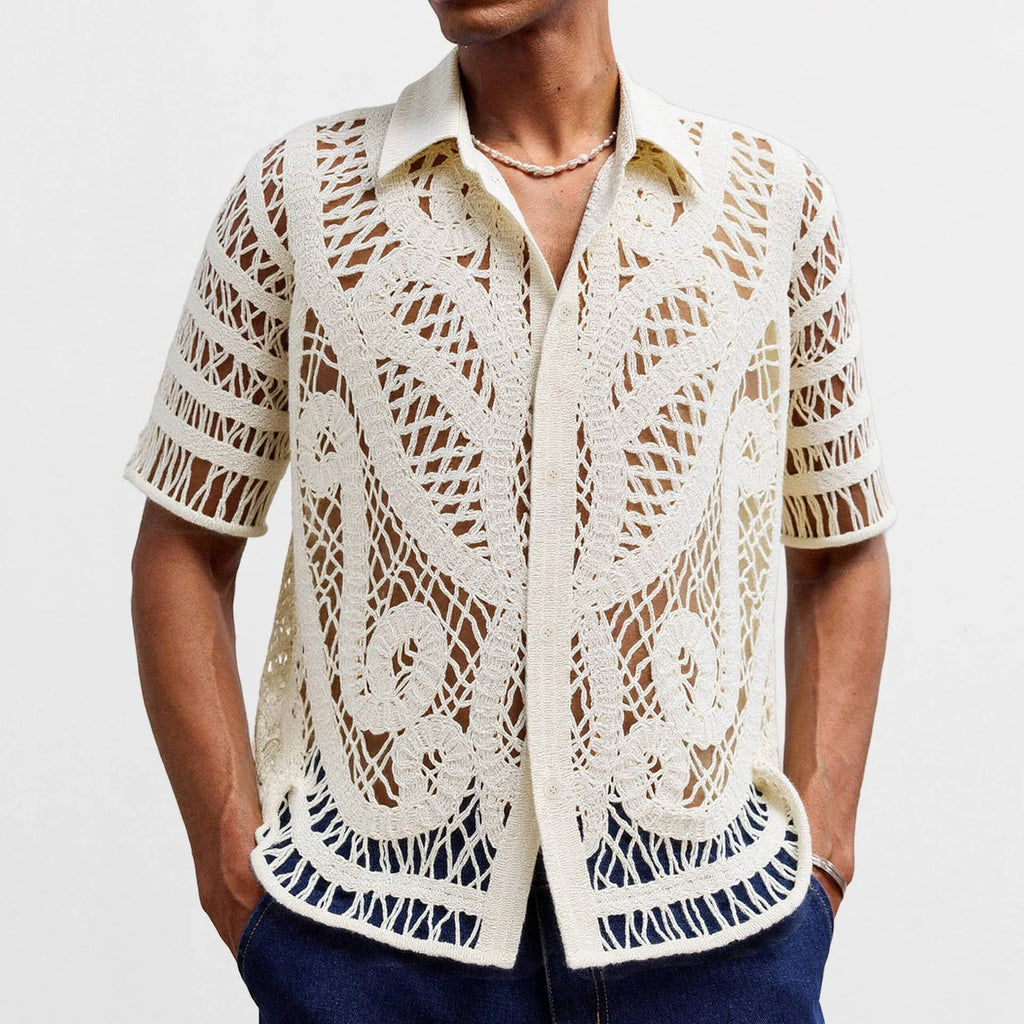 Men's hollow sweater short sleeved crochet cardigan polo shirt in apricot acrylic knit on a hanger front view