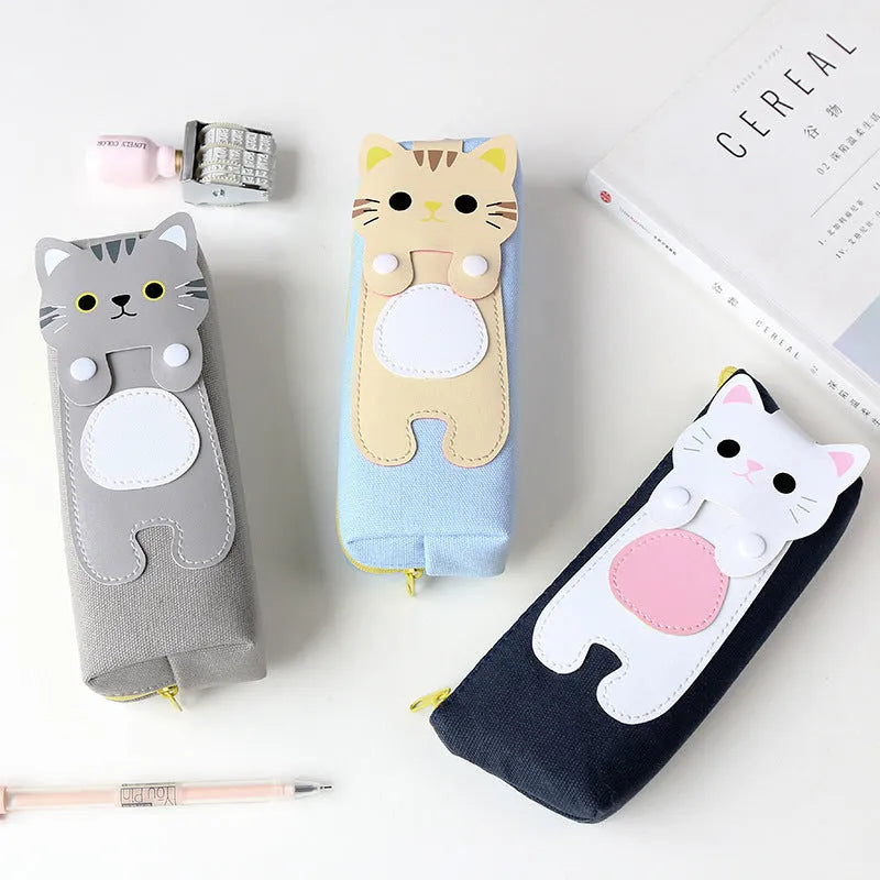Medium square blue canvas pencil case with cat cartoon print and zipper closure