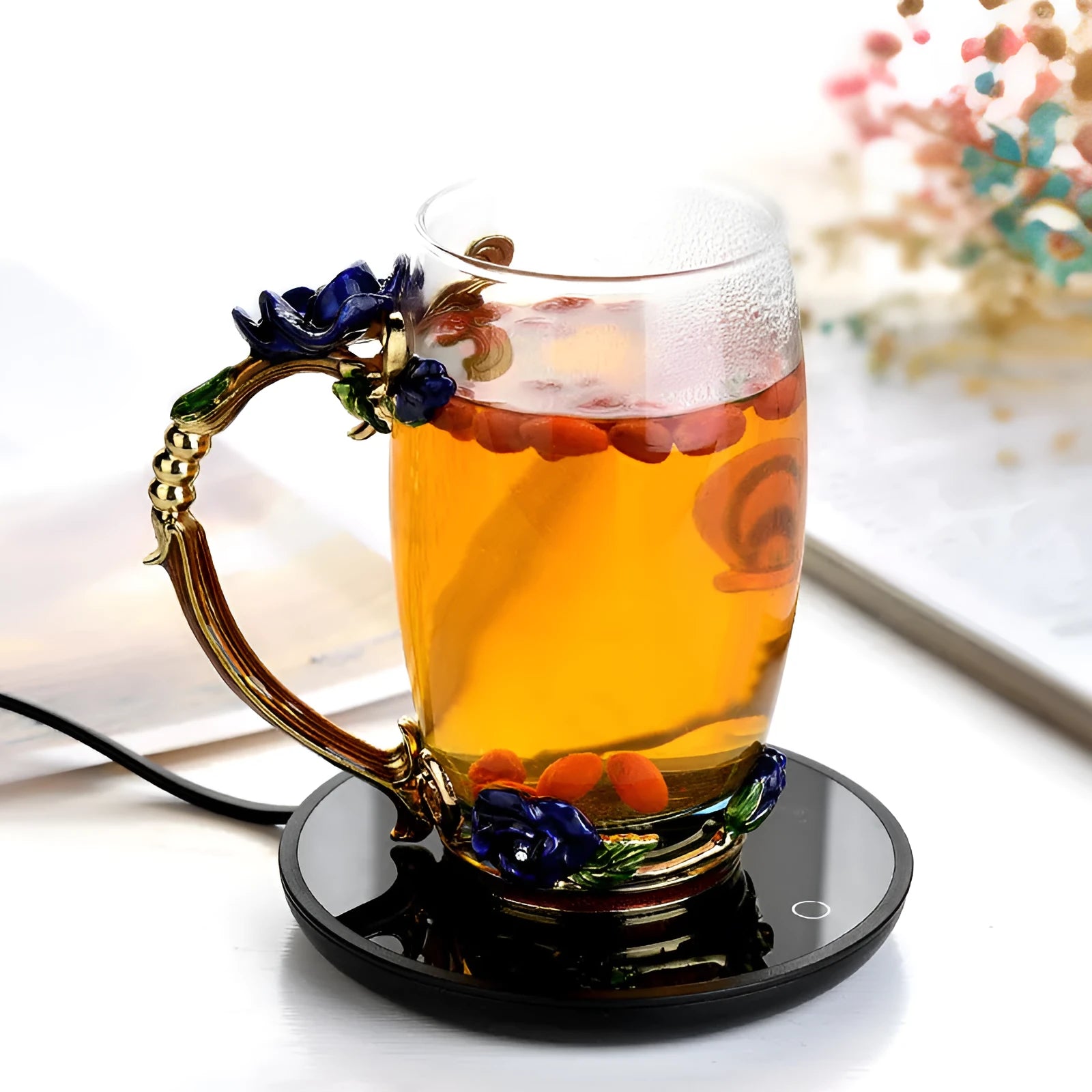 Black adjustable temperature cup warmer with tempered glass surface and low/high switch