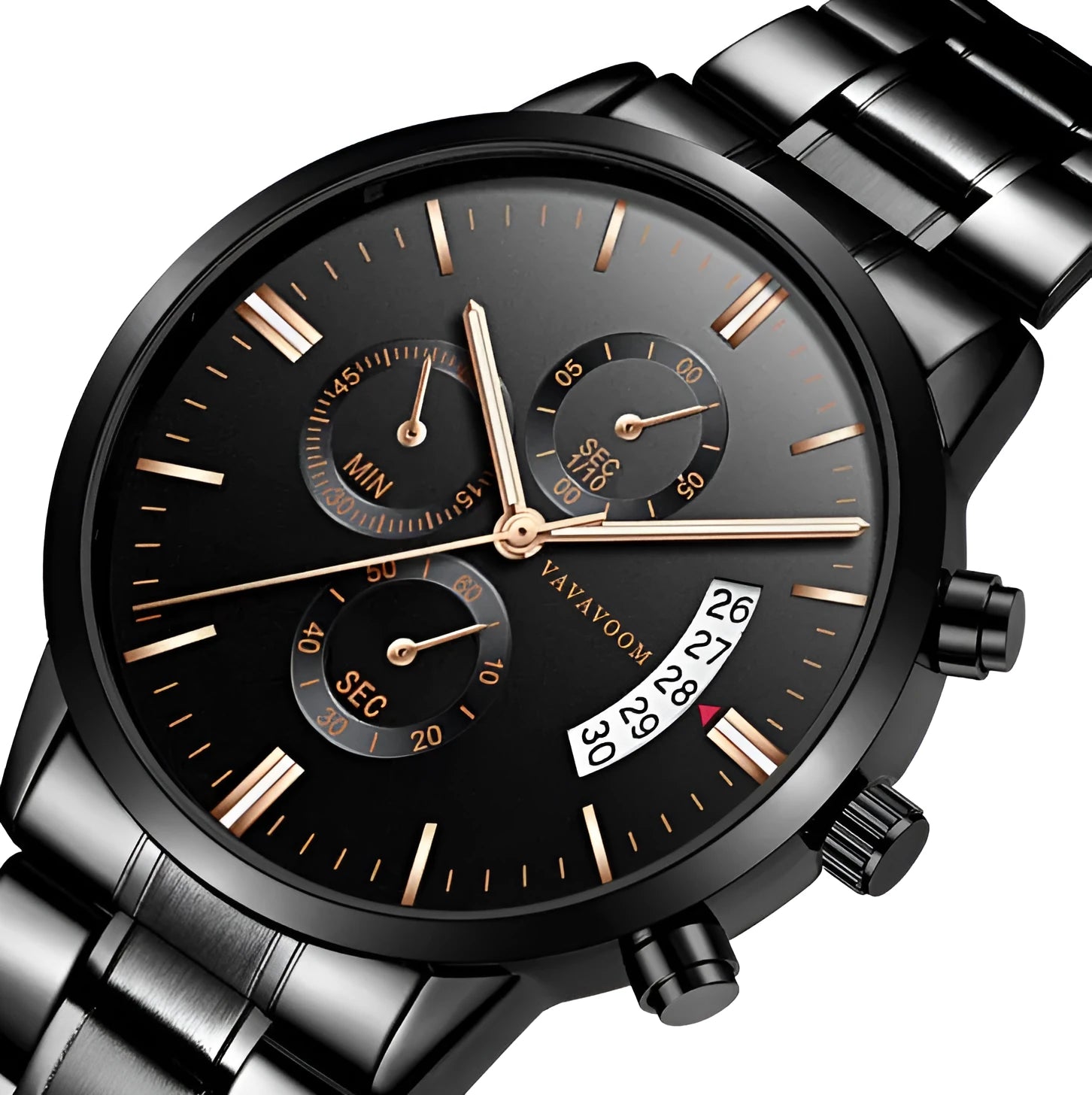 Men's stainless steel watch with 43mm round dial, quartz movement and butterfly buckle in multiple colour variations