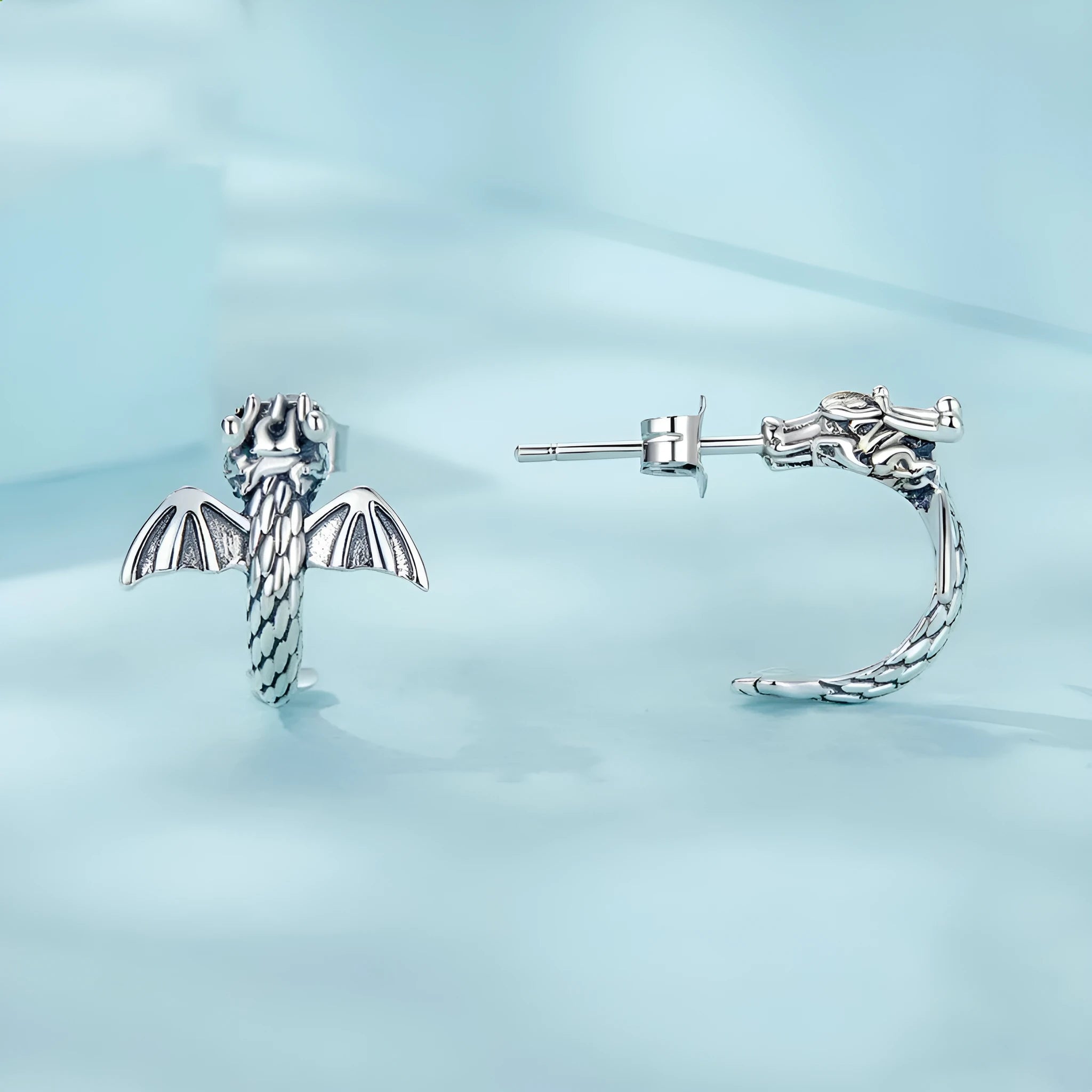 Handmade 925 silver oxidised retro dragon stud earrings for women, 13x13mm, colour SCE1734
