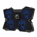 Blue laptop cooling base with four illuminated fans and manual speed controls