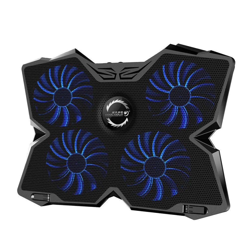 Blue laptop cooling base with four illuminated fans and manual speed controls