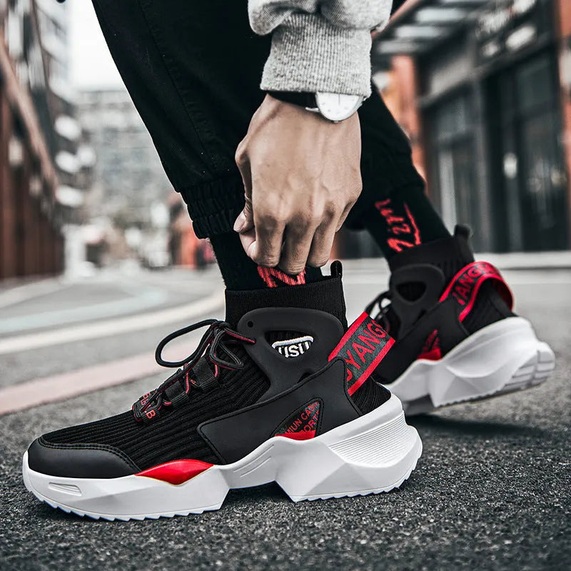 Men's flying knit basketball shoes breathable mesh upper plastic sole back tie closure black
