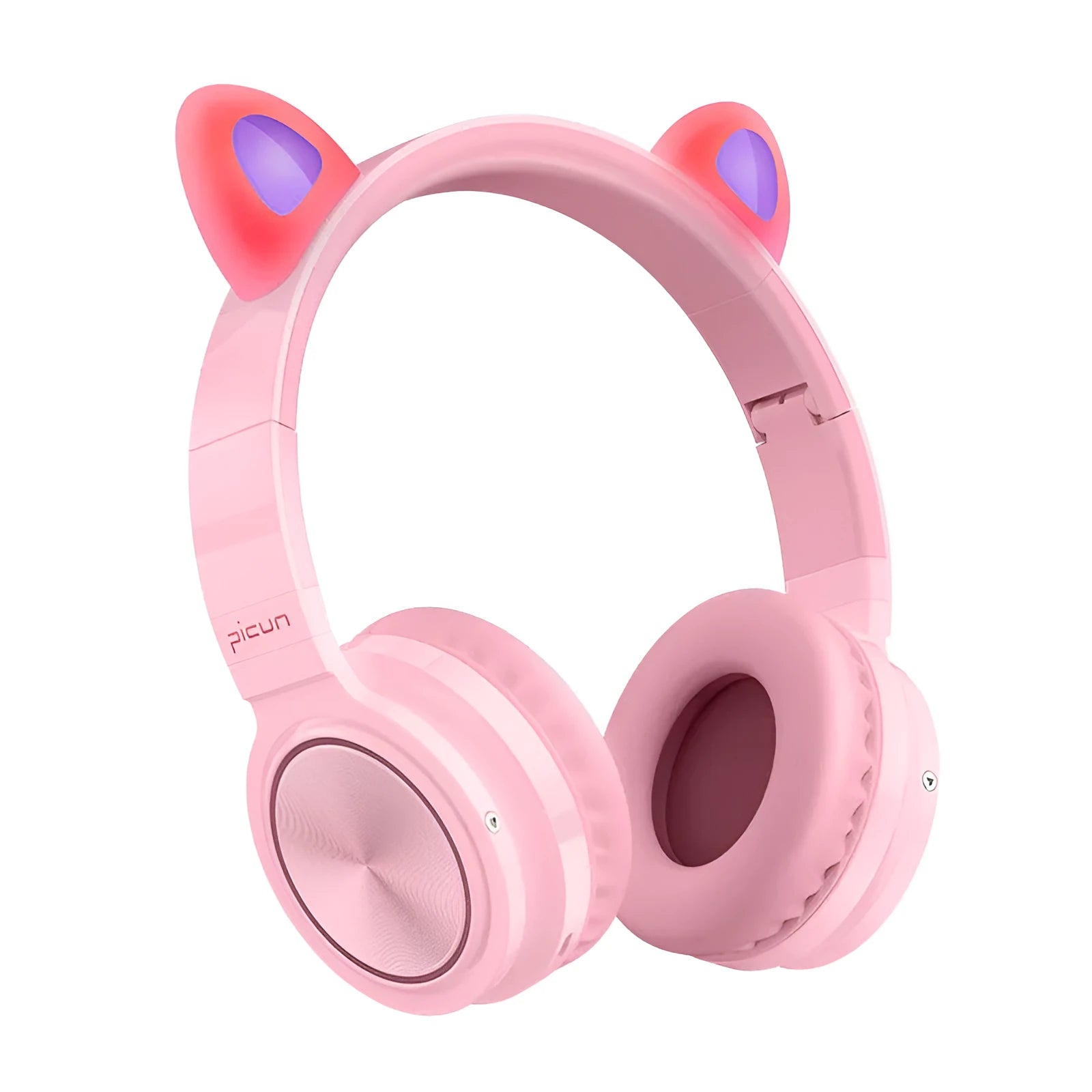 Pink and white Luminous Bluetooth wireless over-ear headset with microphone on a table.