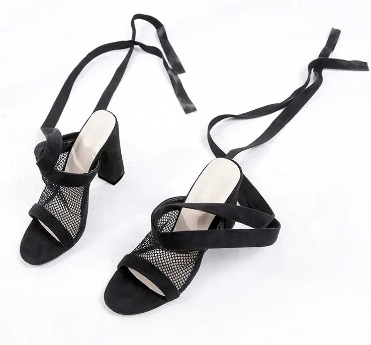 Women black flock cross strap lace up high heel sandals with square heel and buckle strap