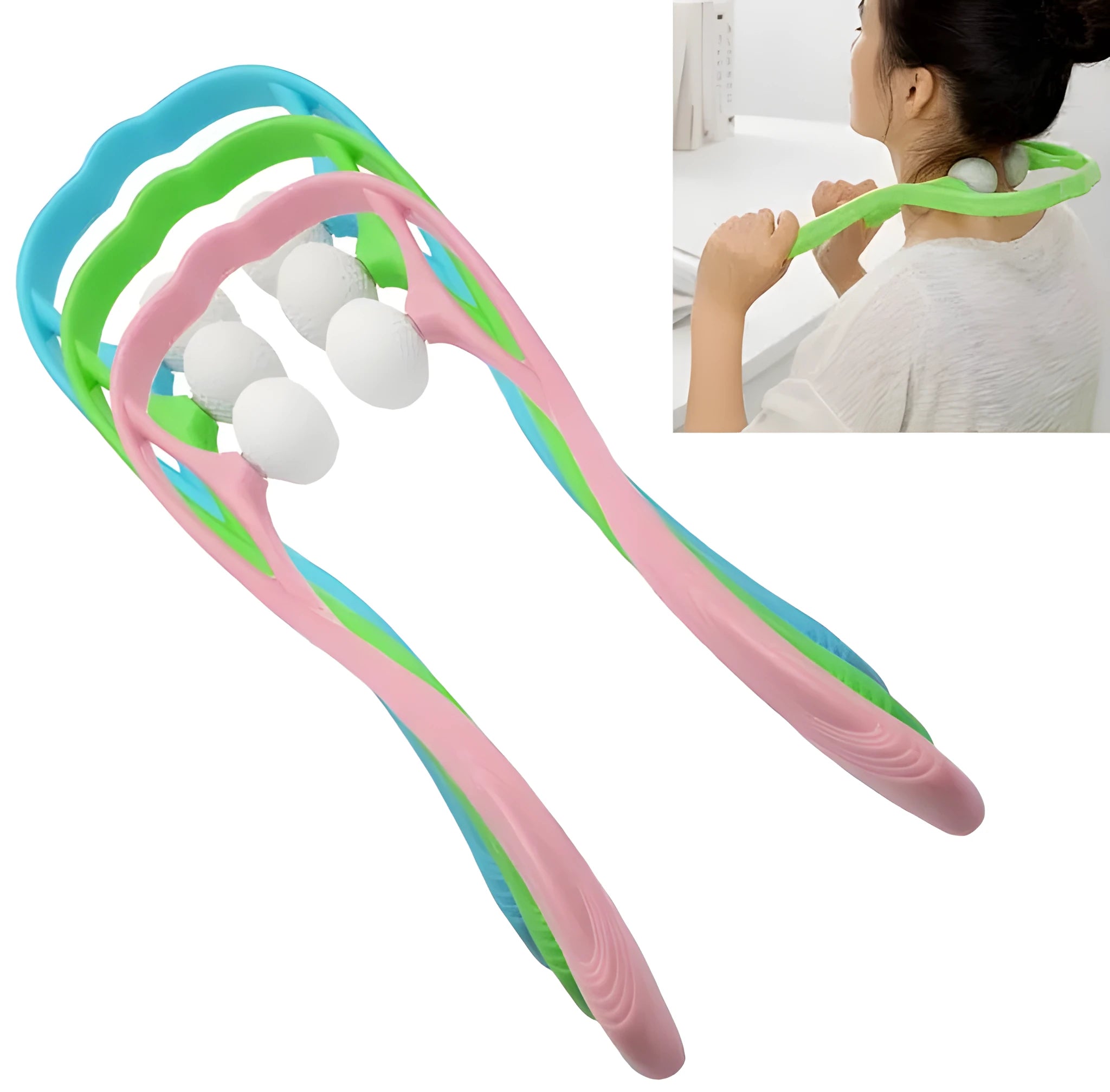 Blue plastic swan-shaped neck massager with hand roller and adjustable stand on a white background