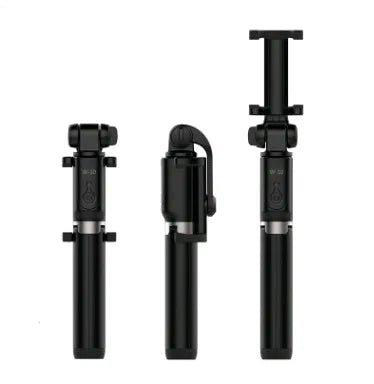 Aluminium alloy Bluetooth selfie stick with remote control and adjustable phone clip in black, pink, or white.