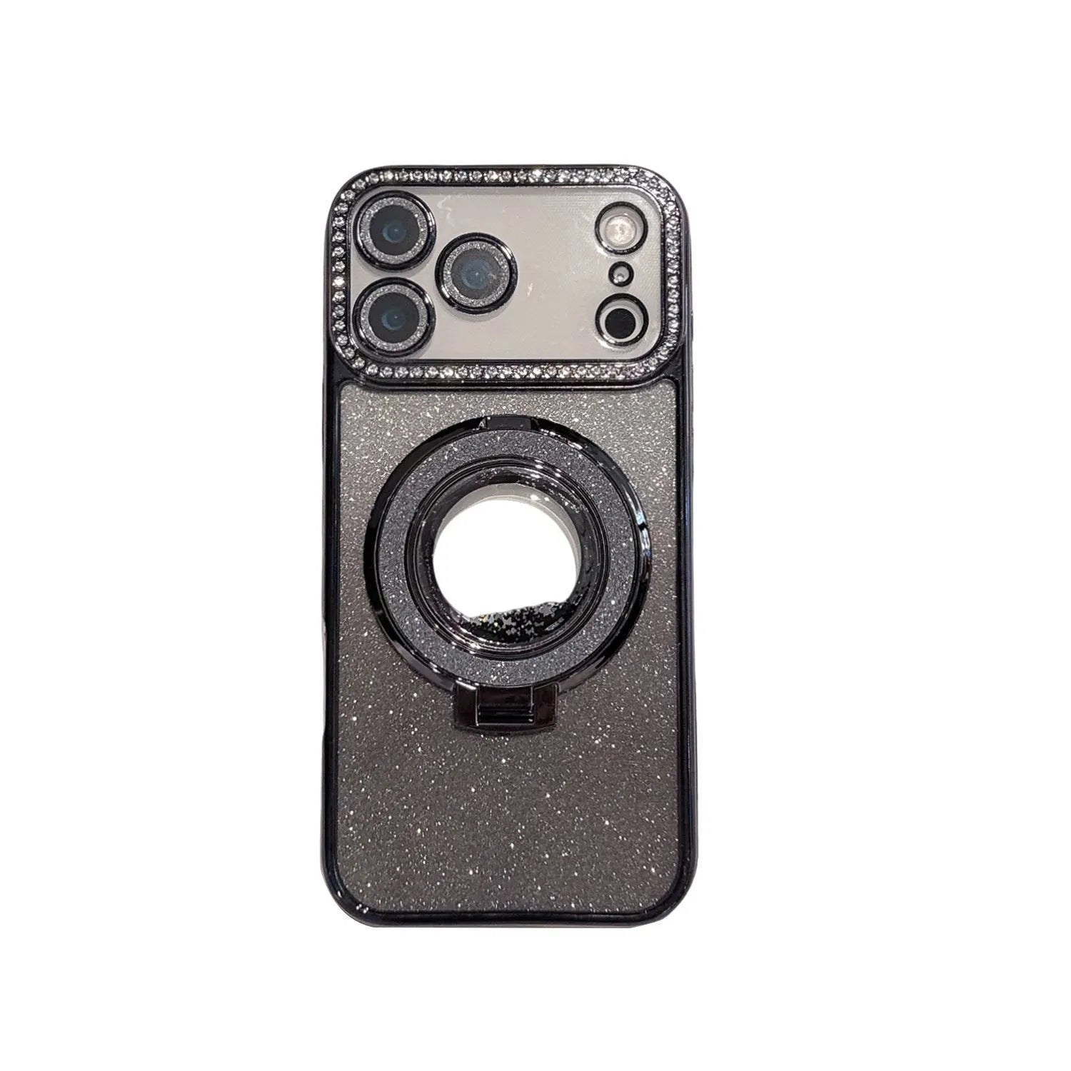 Edge diamond magnetic quicksand bracket phone case in black for iPhone 14 with anti-slip texture