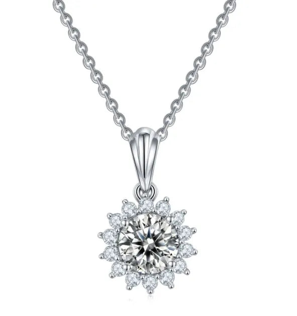 925 silver three-piece jewellery set with moissanite pendant necklace, stud earrings, and bracelet on display