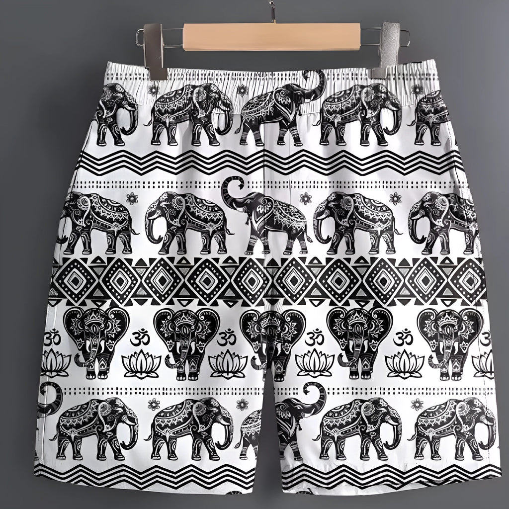 Men's casual polyester shorts in a stripe pattern, shown in a range of sizes for outdoor sports.