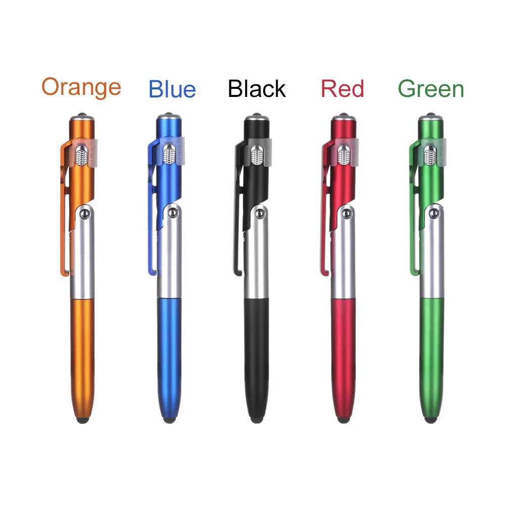 4-in-1 folding light pen mobile phone holder in plastic with LED lamp, black colour, folded position