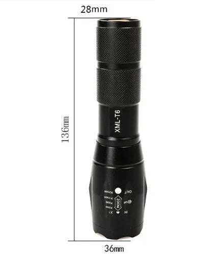 Black aluminium alloy zoomable LED flashlight with adjustable focus ring on a textured body.