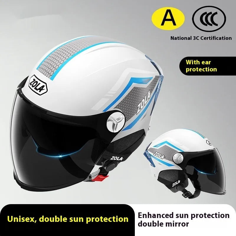 Universal 3C motorcycle half helmet with double mirror visor in light brown colour