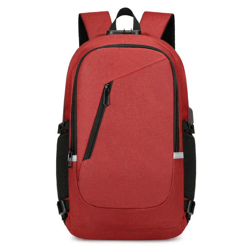 Blue Oxford cloth computer backpack with front pocket, shown next to grey and black colour options.