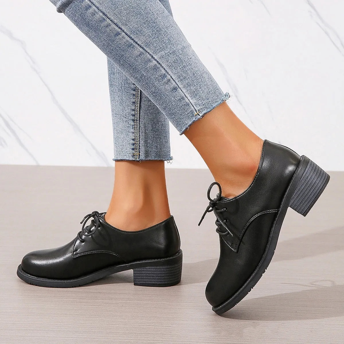 Black women's work shoes with thick chunky heel and professional PU leather upper