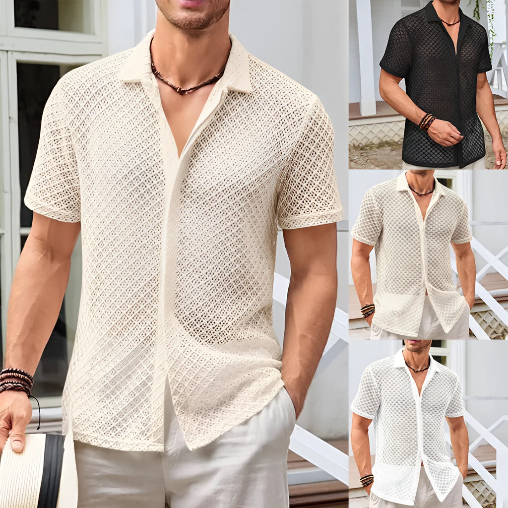 Men's cotton blend short sleeve summer shirt with lapel collar in black colour