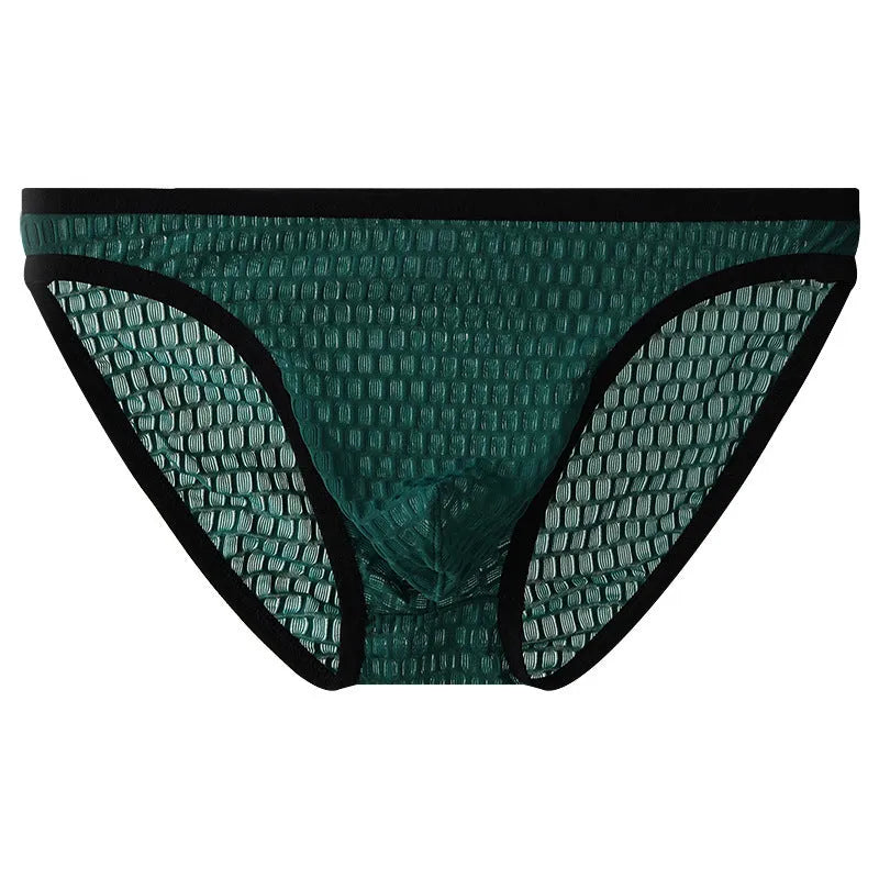Men's low waist transparent lace underwear in a choice of colours on a size chart.