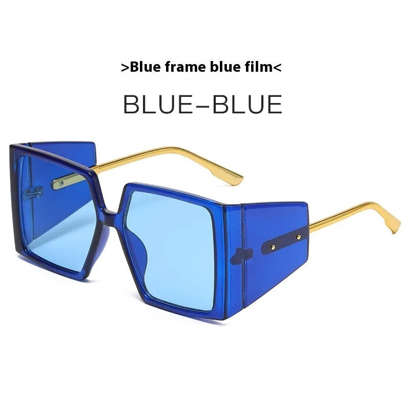 Large square frame sunglasses showing seven colour options including black, blue, champagne, orange, green, white and hawksbill