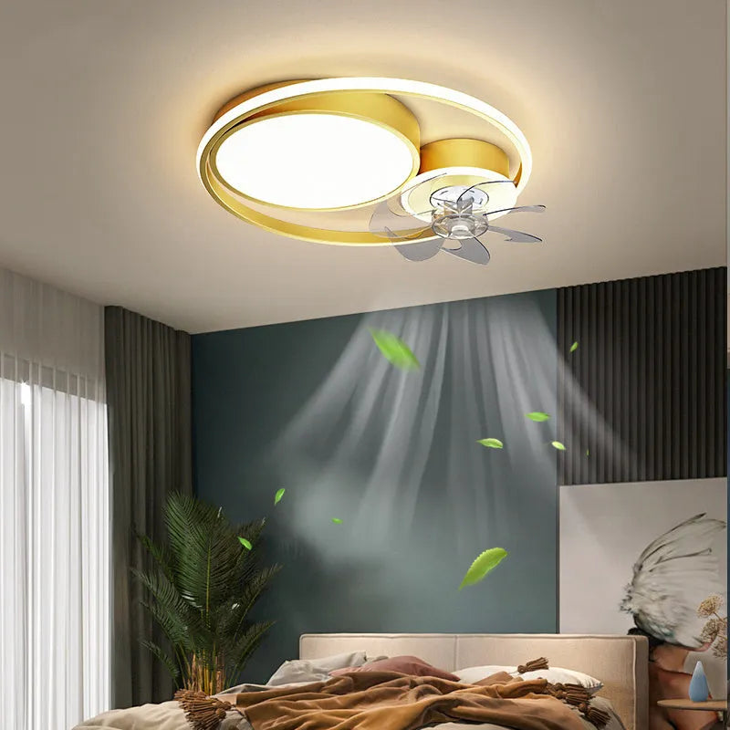 Nordic style 48cm ceiling fan light with metal blades and acrylic lampshade in black or gold finish.