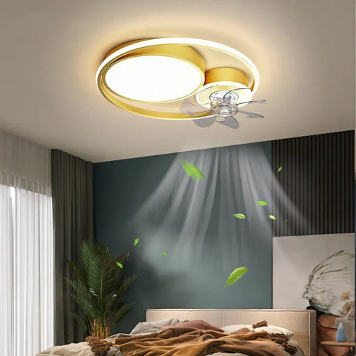 Nordic style 48cm ceiling fan light with metal blades and acrylic lampshade in black or gold finish.