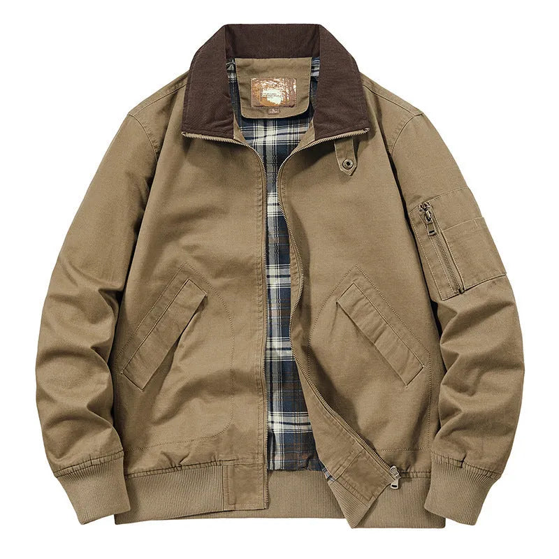 Men's plus size washed cotton baseball flight jacket shown in army green colour.