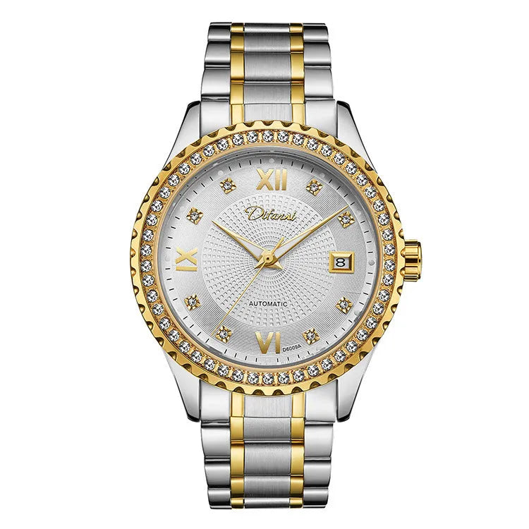 Fashionmonger men's gold and black automatic waterproof watch with luminous hands on a wrist.