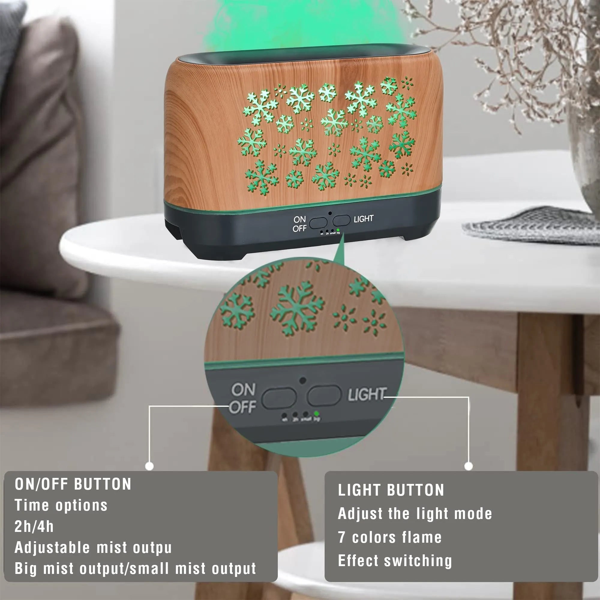 Wood grain snowflake pattern desktop humidifier with 7 colour flame effect and remote control
