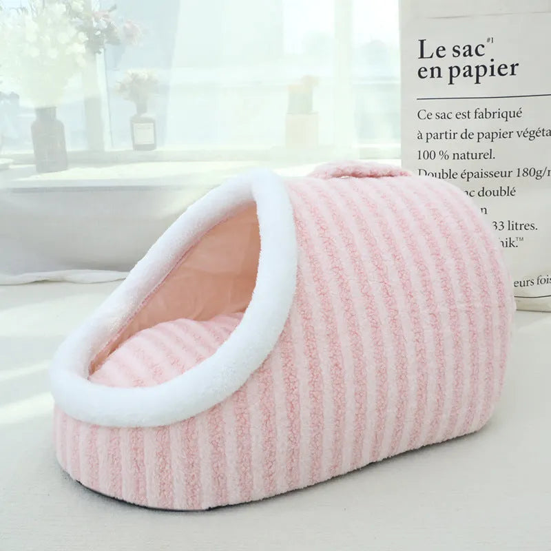Thickened three-dimensional macaron cat nest in pink, blue, green, and yellow colours for autumn winter