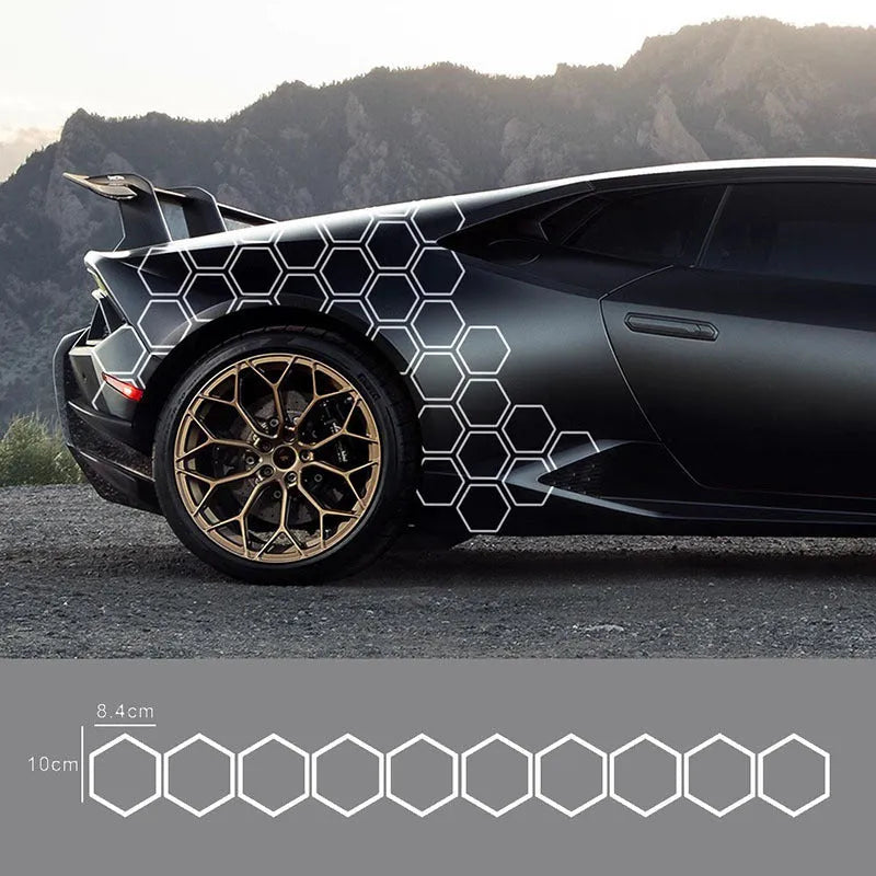 Set of 10 reflective hexagon pattern car body stickers in black, white, red, and colourful, each 8.4x10cm