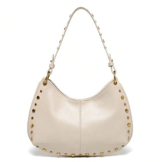 Woman's PU leather dumpling-shaped underarm bag with rivet studs and double straps, in black