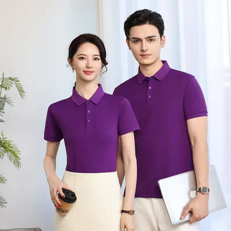 Lapel polo shirt for men and women in Light Blue colour, short sleeve, 100% polyester fabric with side slit