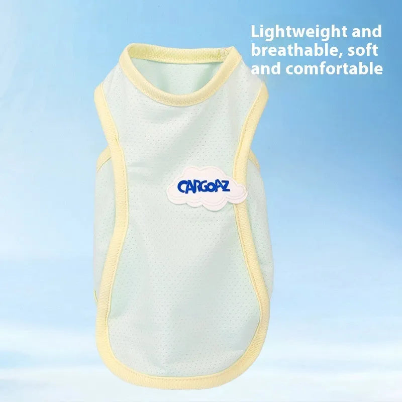 Grass green polyester cat vest for summer wear in size medium on grey background