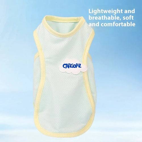 Grass green polyester cat vest for summer wear in size medium on grey background