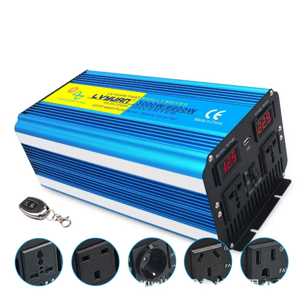 Blue 3000W dual digital display car power inverter with remote control and UK plug.