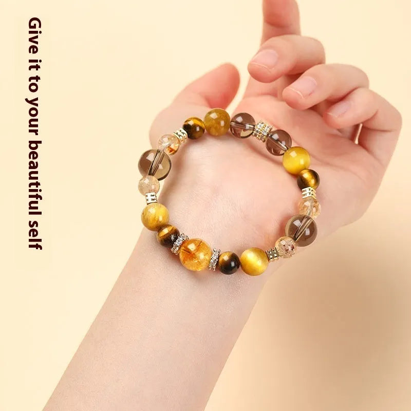 Geometric crystal bracelet with yellow tower and tiger-eye stones in 10mm or 12mm sizes