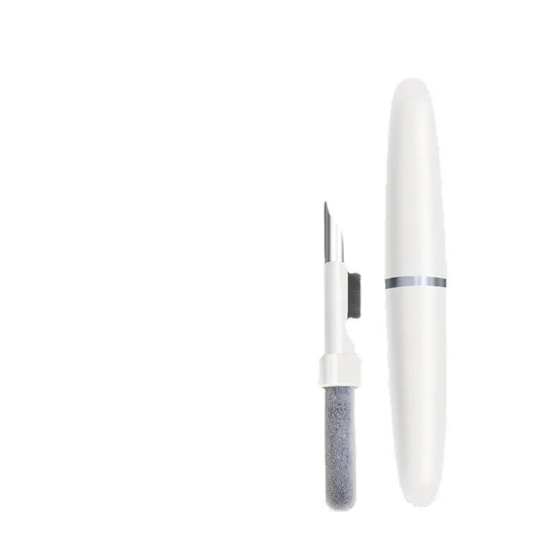 White 3-in-1 headset cleaning pen with ABS, metal, and sponge tips on blue background