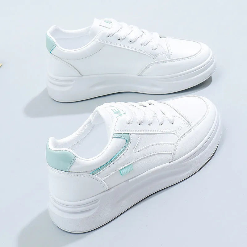 Women's casual sports board shoes solid colour artificial leather round head white green
